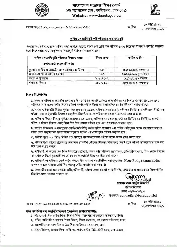 দাখিল ৮ম শ্রেণি বৃত্তি পরীক্ষা